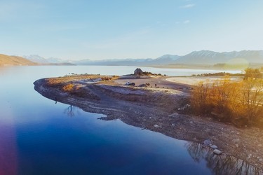 Drone fly over of the Church of the Good Shepherd, Lake Tekapo, Mackenzie Country